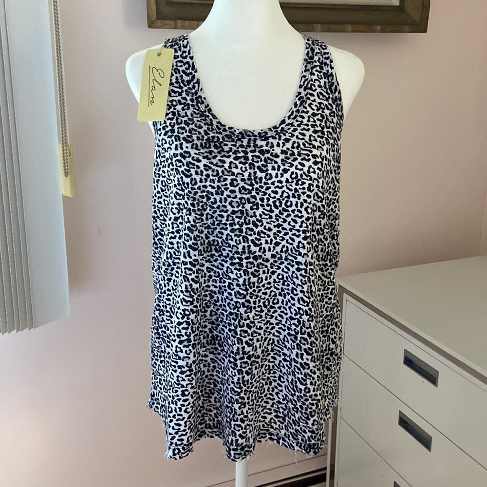 NWT ELAN - GREY MULTI LEOPARD PRINT DESTRUCTED HEM TANK TOP